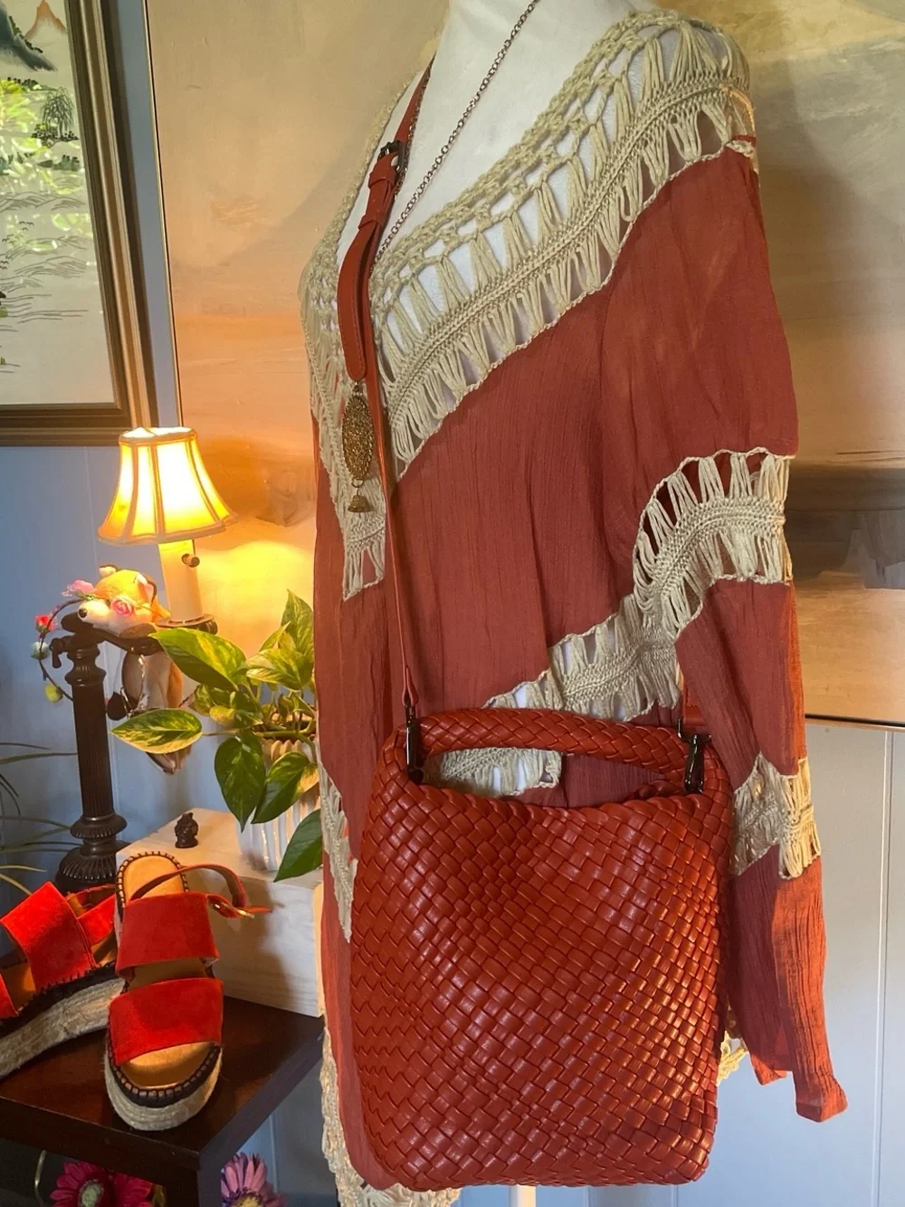 Braided Hobo Bag in Terracotta Red